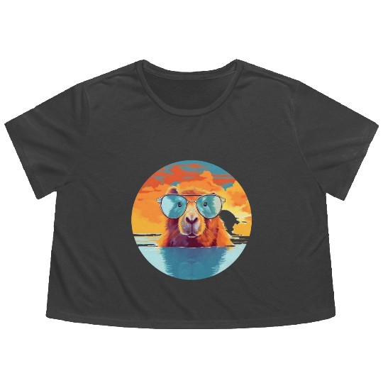 Sunset Serenity: Rustic Capybara Stripe Illustrate Flowy Cropped Tees