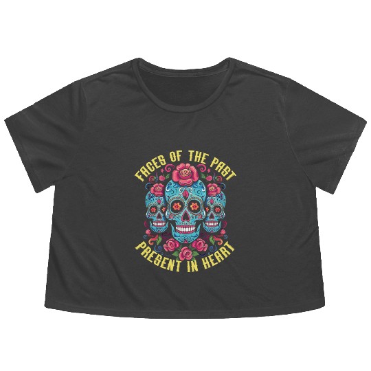 Dia De Los Muertos Sugar Skull Mexican Holiday Flowy Cropped Tees