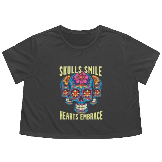 Dia De Los Muertos Sugar Skull Mexican Holiday Flowy Cropped Tees