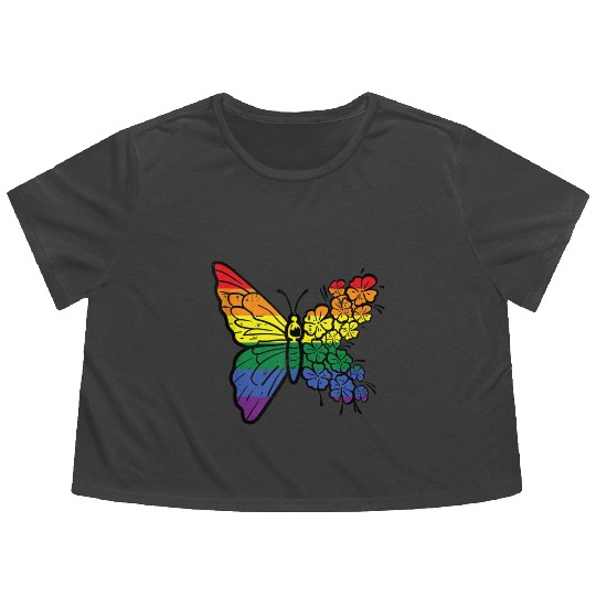 Gay Pride Butterfly Flower Rainbow Flag Lgbt Flowy Cropped Tees