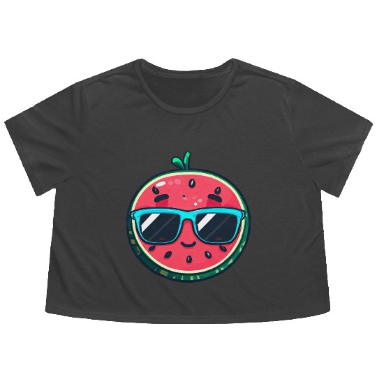 Kawaii Melon with Sunglasses: Summer Fruit Chill Flowy Cropped Tees
