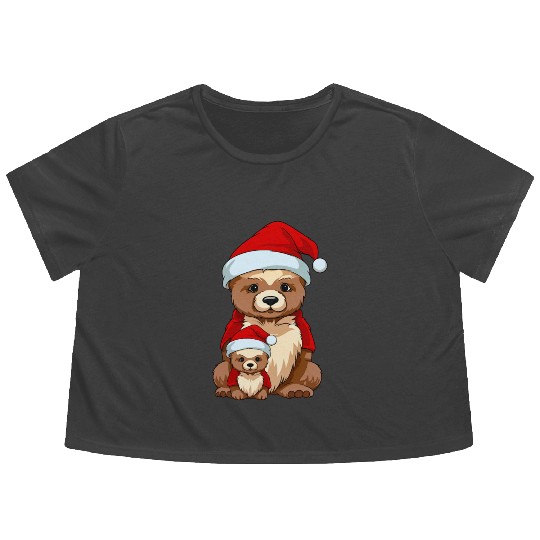 Adorable Festive Mama Bear and Cub: Christmas Hat Flowy Cropped Tees