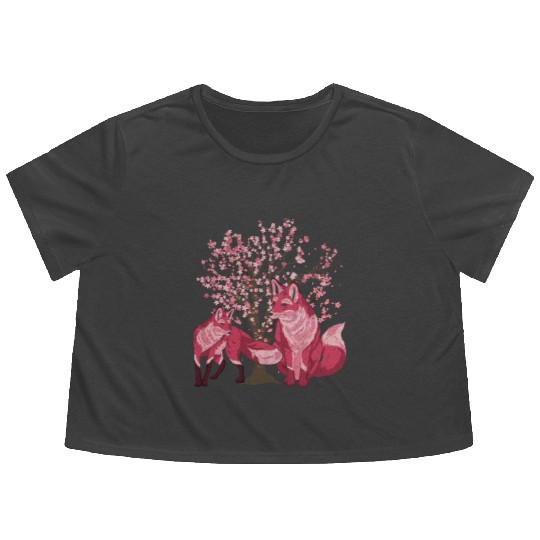 Cherry blossom tree forest animal gift sakura fox Flowy Cropped Tees