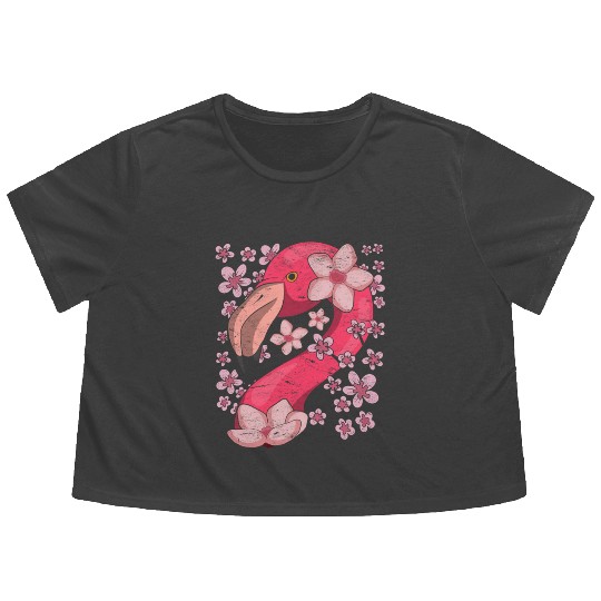Cherry Blossom Bird Gift Sakura Pink Flamingo Flowy Cropped Tees