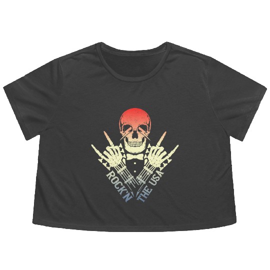 Rock n The Usa Rock Roll Skeleton Guitar Flowy Cropped Tees