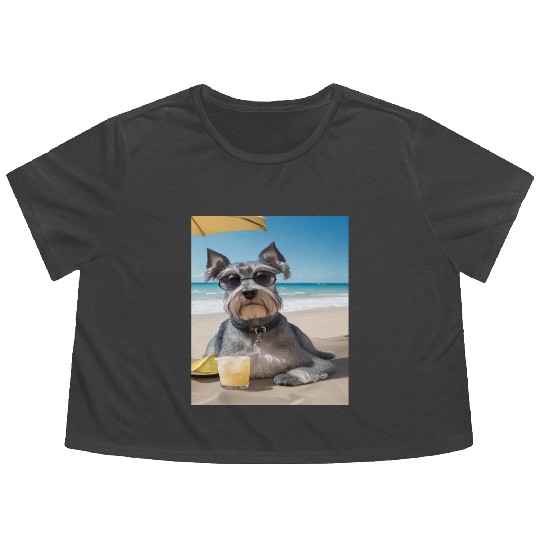 Schnauzer Chilling at Beach with a Drink Flowy Cropped Tees