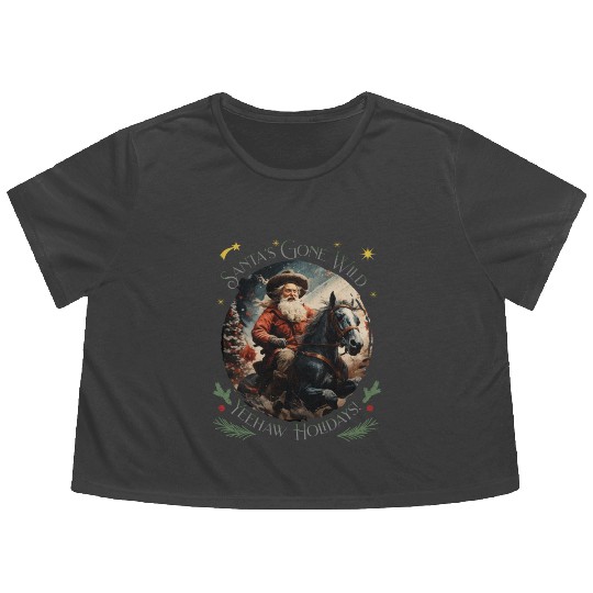 Retro Western Christmas Tree Santa Claus Cowboy Flowy Cropped Tees