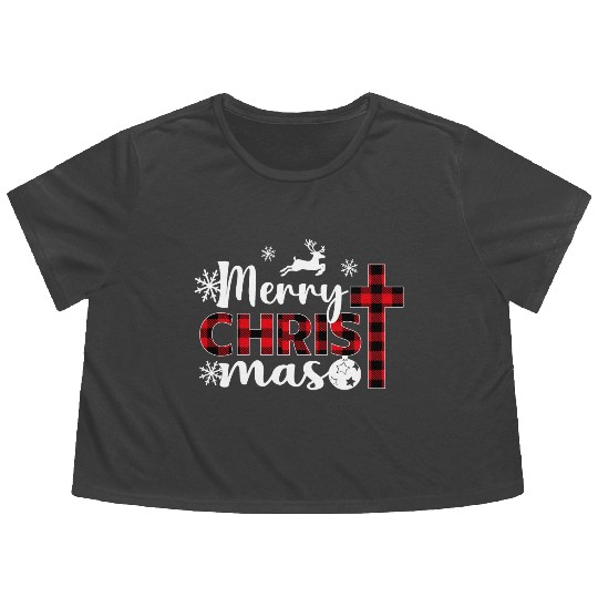 Merry Christmas Cross Plaid Xmas Christian Flowy Cropped Tees