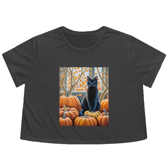 Black Cat Flowy Cropped Tees
