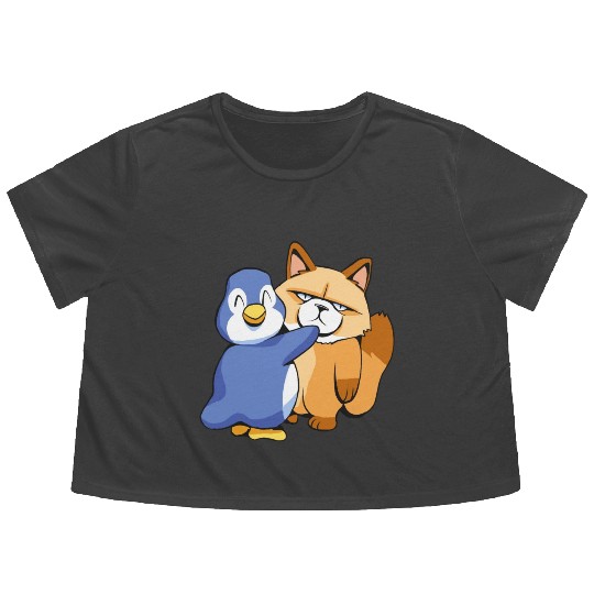 Angry Cat and a Penguin Animals Lover Funny Design Flowy Cropped Tees