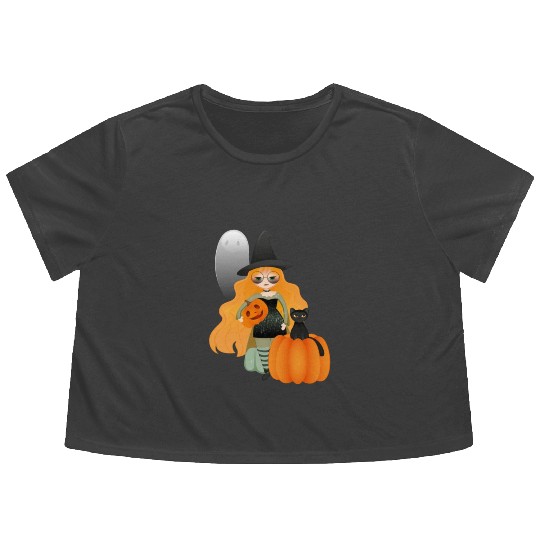 Adorable Halloween Witch with Black Cat, Ghost and Flowy Cropped Tees