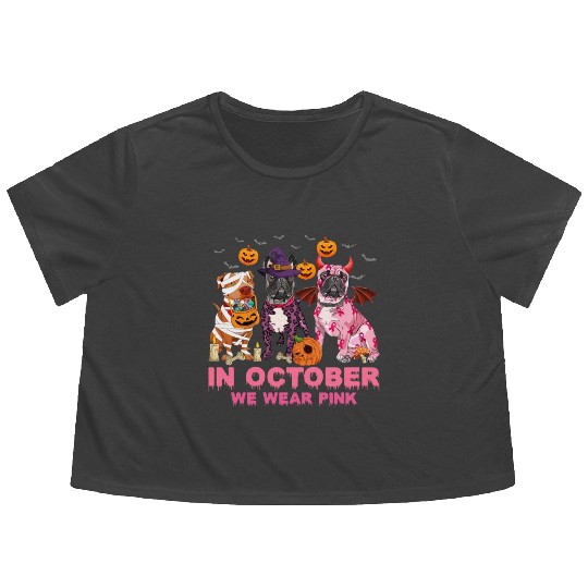 In October We Wear Pink Pumpkin Pitbull Flowy Cropped Tees