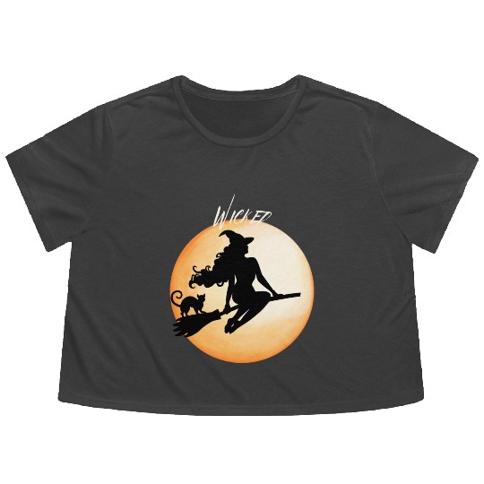 Wicked Cat Witch Funny Halloween Witch Flowy Cropped Tees