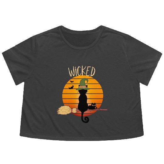 Wicked Cat Witch Funny Halloween Witch Flowy Cropped Tees