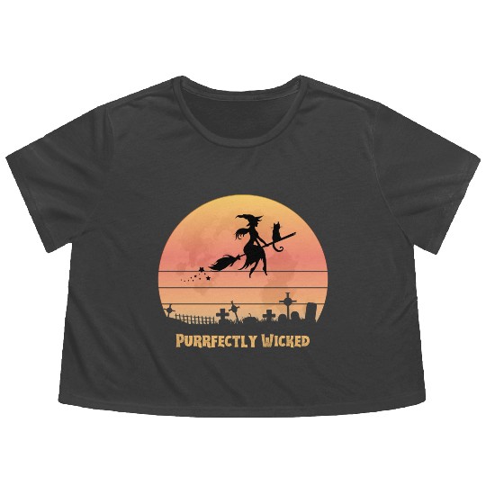 Wicked Cat Witch Funny Halloween Witch Flowy Cropped Tees