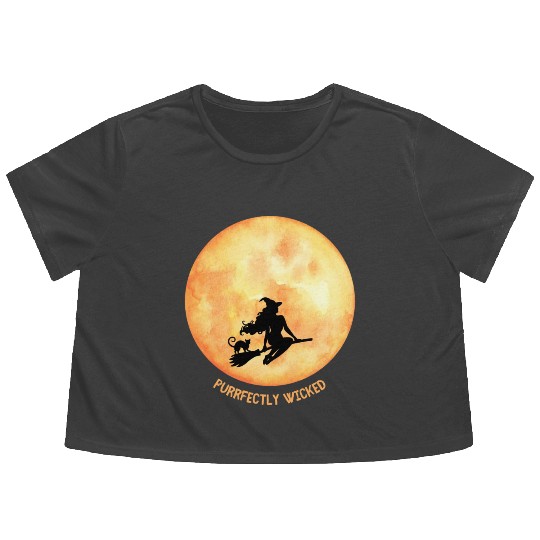 Wicked Cat Witch Funny Halloween Witch Flowy Cropped Tees