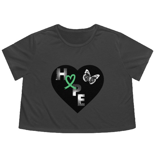 Liver Cancer Hope & Butterfly Heart Grn/White/Blk Flowy Cropped Tees