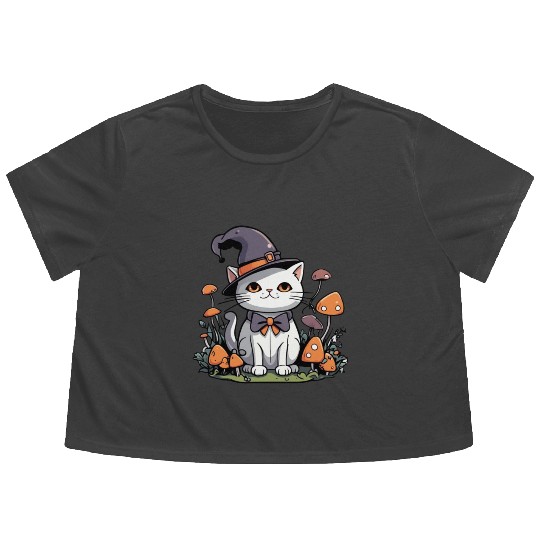 Whimsical Witch Cat with Mushrooms Flowy Cropped Tees