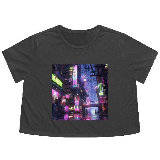 Anime-Influenced Digital Art of Tokyo Street Scene Flowy Cropped Tees