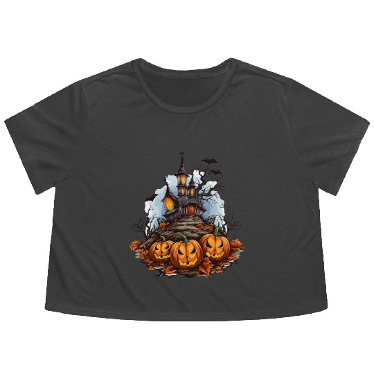 Halloween Pumpkin Bat Spell Haunted House Flowy Cropped Tees