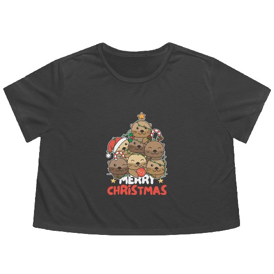 Otter Christmas Tree Merry Christmas Flowy Cropped Tees