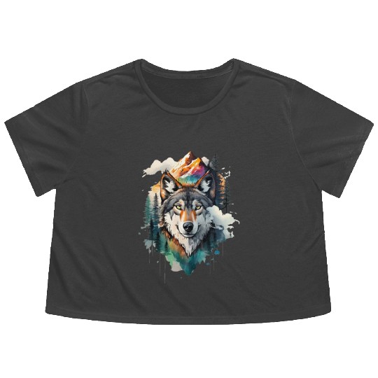 Majestic Mountain Wolf Nature Inspired Artwork Flowy Cropped Tees