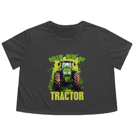 Rollin' With My Tractor Farmer Gift Agriculture Flowy Cropped Tees