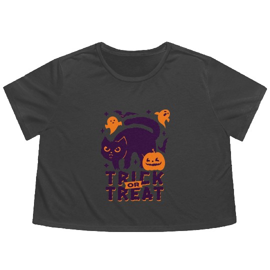 Trick or Treat Cats and Pumpkins Flowy Cropped Tees