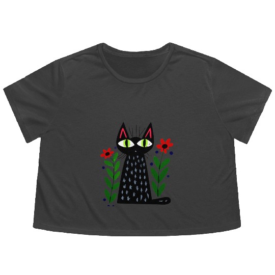 Black Cat and Flowers Flowy Cropped Tees