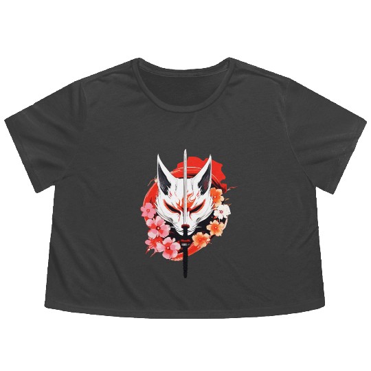 Kitsune Fox Maske Kumiho Samurai Japan Anime Flowy Cropped Tees