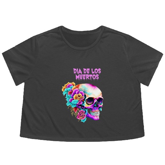 Vintage Dia de los Muertos Art Design Sugar Skull Flowy Cropped Tees