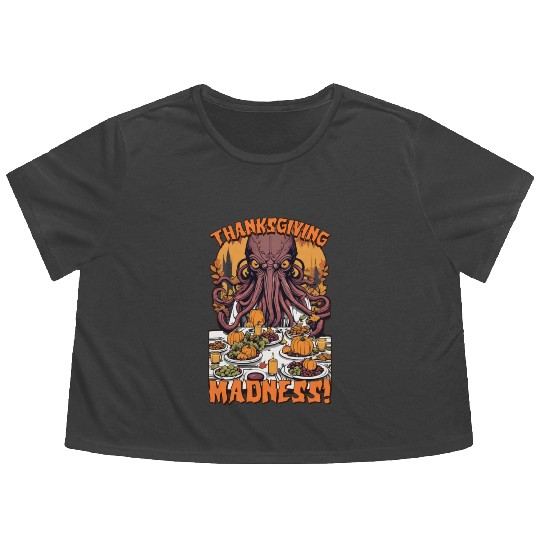 Autumn Feast with Cthulhu - Thanksgiving Madness Flowy Cropped Tees