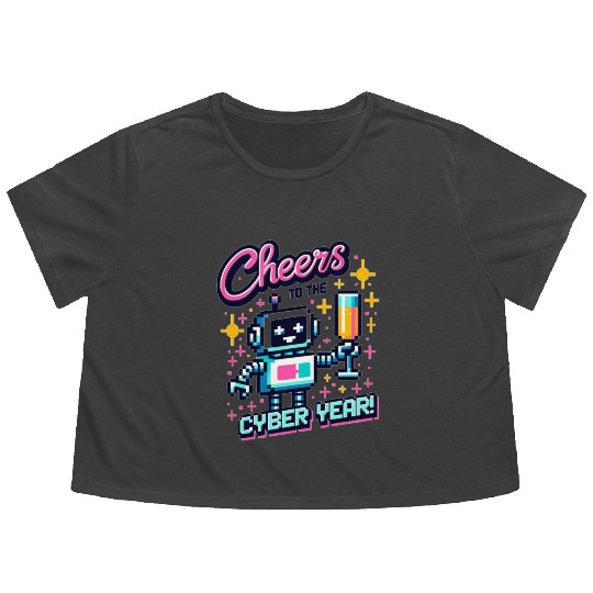 Retro Robot New Year's Toast - Cyber Champagne Fun Flowy Cropped Tees