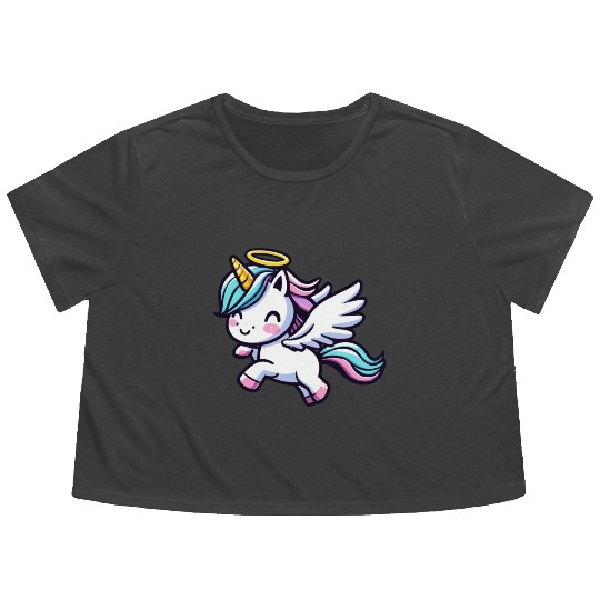 Heavenly Unicorn: Sweet Magic with Angel Wings Flowy Cropped Tees