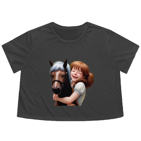 Little Girl Hugs Her Pony Flowy Cropped Tees