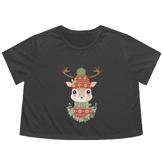 cute deer with sweater and Christmas wreath Flowy Cropped Tees