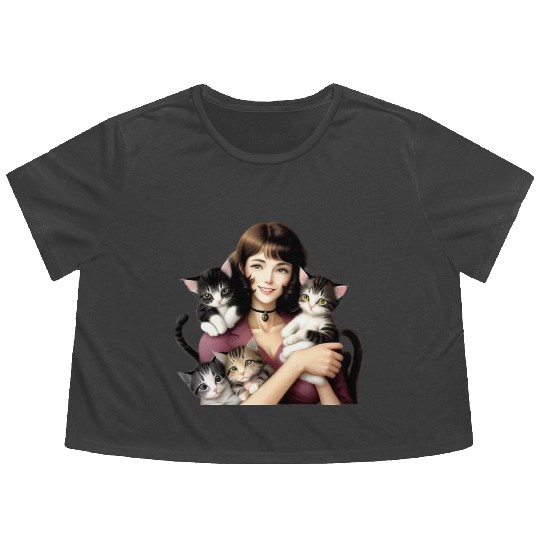 Pretty Cat Lady with Cute Kittens Flowy Cropped Tees