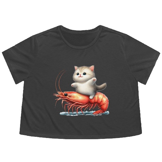 Cat rides on shrimp Flowy Cropped Tees