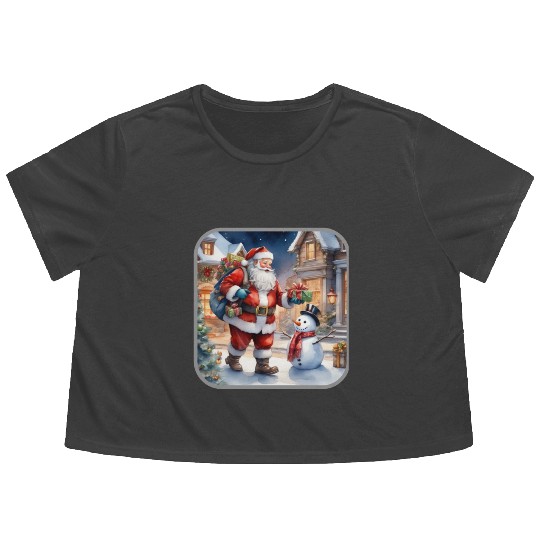 Santa Claus and a snowman distributes gifts. Flowy Cropped Tees