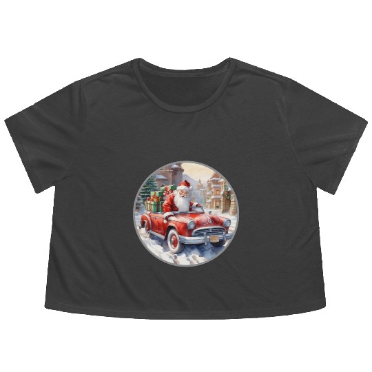 Santa Claus rides in a convertible car Flowy Cropped Tees