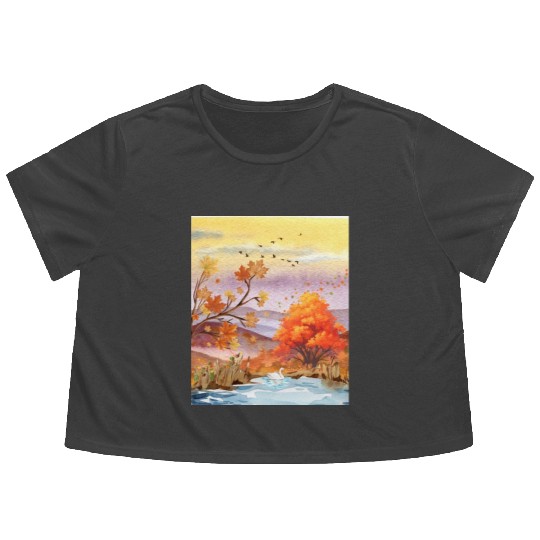 "Autumn Serenity by the Lake - Watercolor Swan" Flowy Cropped Tees
