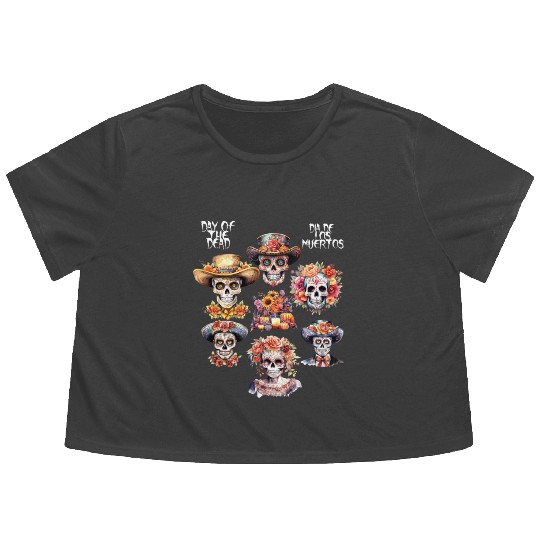 Vintage Mexican Day of the Dead Art Sugar Skulls Flowy Cropped Tees