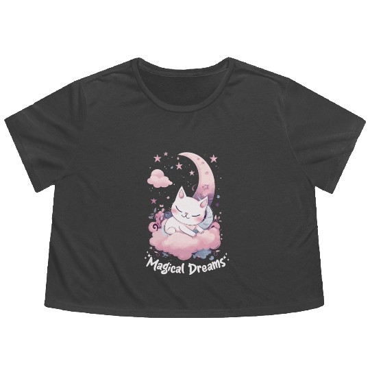 Magical Dreams Sleeping Cat Unicorns Pastel Moon S Flowy Cropped Tees