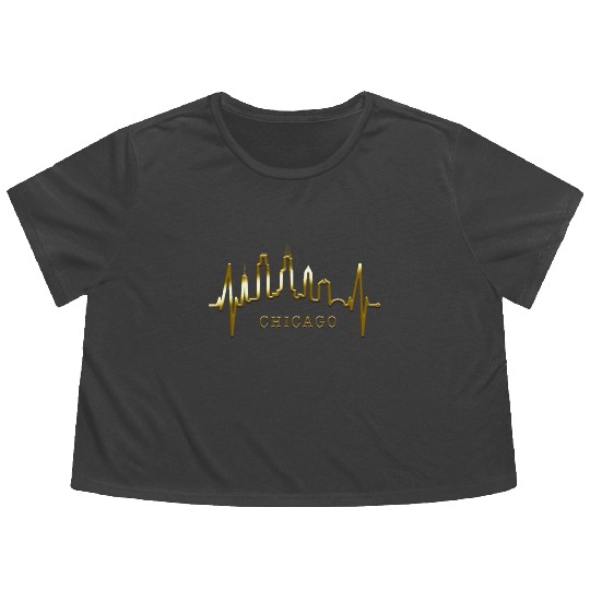 Chicago Skyline Heartbeat USA Heart I Love Chicago Flowy Cropped Tees