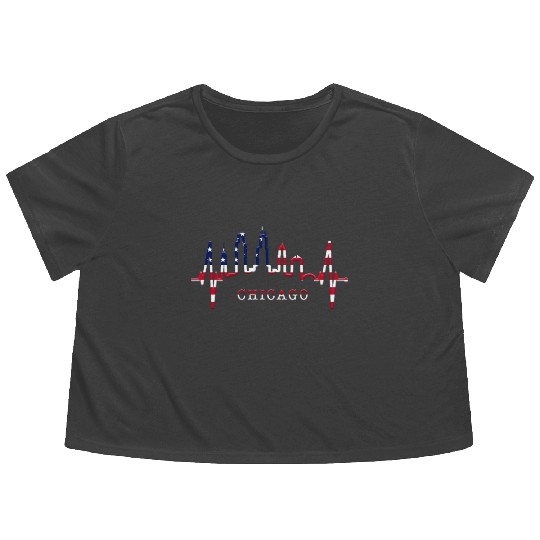 Chicago Skyline Heartbeat USA Heart I Love Chicago Flowy Cropped Tees