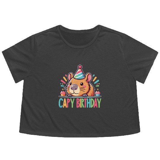Capybara Capy Birthday Pun Happy Birthday Flowy Cropped Tees
