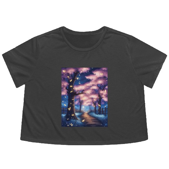 Fireflies In Cherry Blossom Trees Flowy Cropped Tees