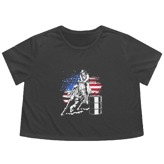 Retro American Flag Cowgirl Horse Barrel Racing Flowy Cropped Tees
