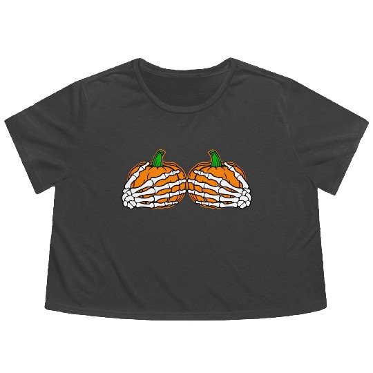 Halloween Skeleton Hands On Chest Pumpkin Boobs Flowy Cropped Tees