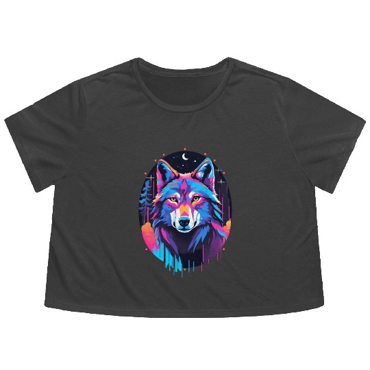 Eerie Blacklight Wolf Flowy Cropped Tees - Neon Colors